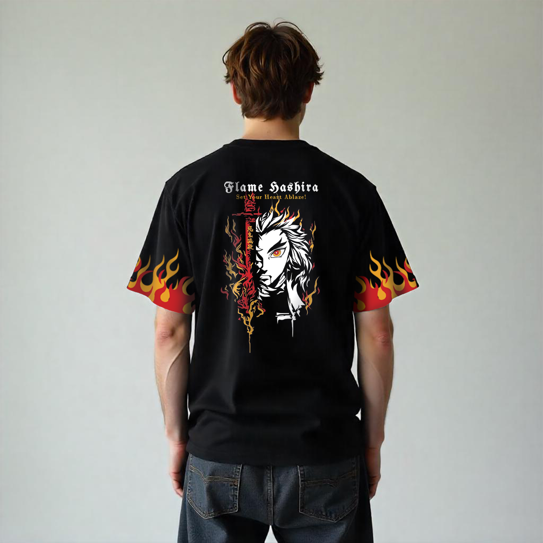 Establiss Demon Slayer: Flame Hashira Oversized Black T-shirt
